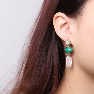 Buddha Gift 925 Sterling Silver Natural Baroque Pearl Malachite Healing Wisdom Drop Earrings
