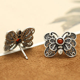 Buddha Gift 925 Sterling Silver Red Agate Butterfly Self-acceptance Ring Earrings Set