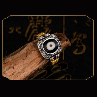 Buddha Gift 925 Sterling Silver Zakiram Goddess of Wealth Design Dzi Bead Protection Ring