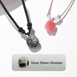Buddha Gift Natural Silver Sheen Obsidian Red Agate Dancing Lion Protection Necklace Pendant