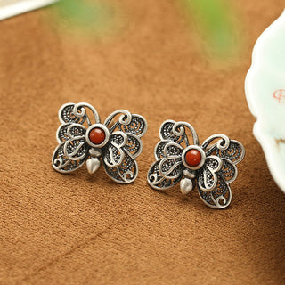 Buddha Gift 925 Sterling Silver Red Agate Butterfly Self-acceptance Ring Earrings Set