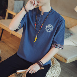 Buddha Gift Frog-Button Dragon Embroidery Chinese Tang Suit Short Sleeve Shirt Linen Men Clothing