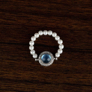 Buddha Gift 925 Sterling Silver Pearl Blue Chalcedony Healing Chain Bracelet Ring
