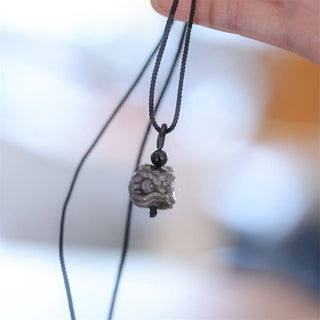 Buddha Gift Natural Silver Sheen Obsidian Dancing Lion Protection Necklace Pendant