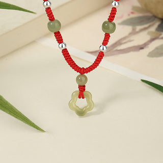 Buddha Gift 925 Sterling Silver Natural Hetian Cyan Jade Flower Pentagram Luck Red Rope Necklace Pendant Bracelet Set