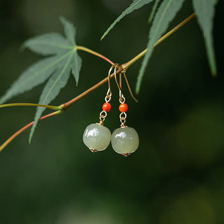 Buddha Gift 925 Sterling Silver 14K Gold Plated Hetian Jade Red Agate Luck Drop Dangle Earrings