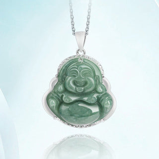 Buddha Gift 925 Sterling Silver Laughing Buddha Jade Abundance Necklace Chain Pendant