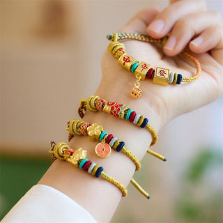 Buddha Gift Year of the Dragon Koi Fish Mahjong Dice Peach Blossoms Copper Coin Luck Braided Bracelet