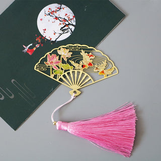 Buddha Gift Traditional Butterfly Lotus Flower Crane Dragon Phoenix Fox Koi Fish New Beginning Metal Brass Hollow Fan Bookmarks