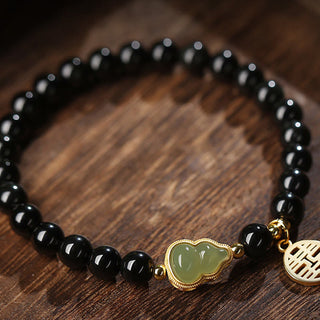Buddha Gift Natural Black Obsidian Hetian Jade Gourd Double Happiness Strength Bracelet