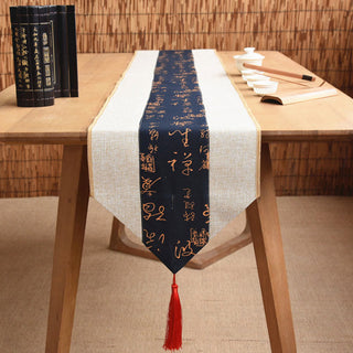Buddha Gift Classic Chinese Style Lotus Koi Fish Flower Crane Calligraphy Enlightenment Cotton Linen Tassels Table Runner