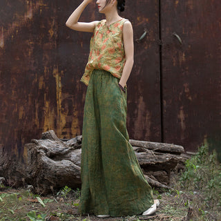 Buddha Gift Green Yellow Ramie Linen Flexible Waistband Wide Leg Pants With Pockets
