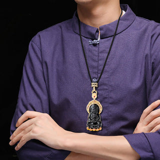 Buddha Gift 925 Sterling Silver Natural Black Jade Kwan Yin Avalokitesvara Wealth Necklace Pendant