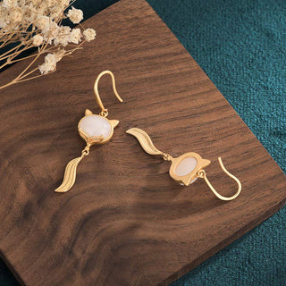 Buddha Gift FengShui White Jade Fox Fortune Earrings