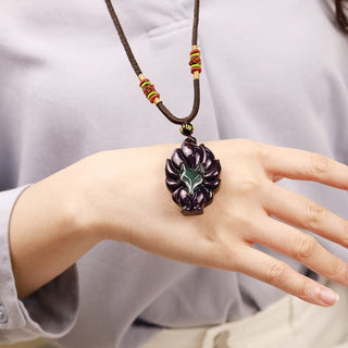 Buddha Gift Natural Rainbow Obsidian Gold Sheen Obsidian Nine Tailed Fox Positive Necklace Pendant