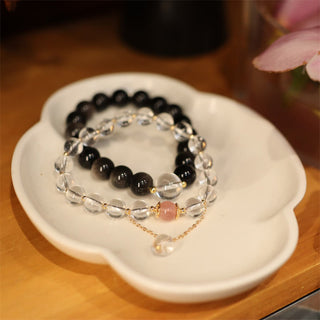 Buddha Gift Natural Silver Sheen Obsidian Pink Crystal White Crystal Protection Yin Yang Color Couple Bracelet
