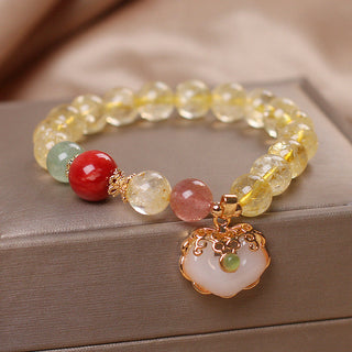 Buddha Gift Natural Citrine White Jade Strawberry Quartz Protection Charm Bracelet