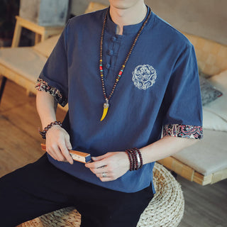 Buddha Gift Frog-Button Dragon Embroidery Chinese Tang Suit Short Sleeve Shirt Linen Men Clothing