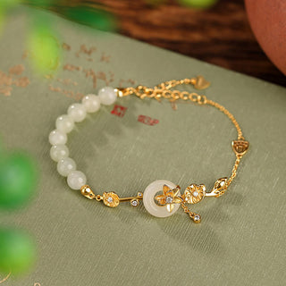 Buddha Gift 925 Sterling Silver Hetian Jade Peace Buckle Lotus Luck Chain Bracelet