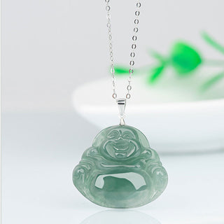 Buddha Gift 925 Sterling Silver Laughing Buddha Jade Protection Calm Necklace Chain Pendant