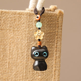 Buddha Gift Mini Small Leaf Red Sandalwood Ebony Wood Lucky Cat Lovely Kitty Peace Key Chain Phone Hanging Decoration