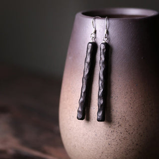 Buddha Gift 925 Sterling Silver Ebony Wood Texture Balance Peace Drop Dangle Earrings