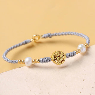 Buddha Gift Copper Coin Fortune Tree Pearl Luck Blue Rope Braided Bracelet