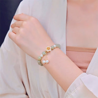 Buddha Gift Hetian Jade Flower Pearl Happiness Abundance Bracelet