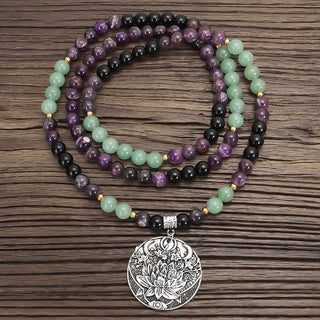Buddha Gift 108 Mala Beads Amethyst Green Aventurine Lotus Meditation Bracelet