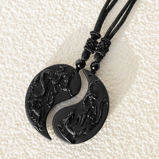 Buddha Gift Black Obsidian Yin Yang Dragon Phoenix Luck Necklace Pendant