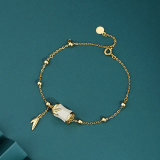 Buddha Gift 925 Sterling Silver 22K Gold Hetian White Jade Bamboo Leaf Luck Necklace Pendant Bracelet
