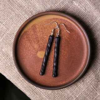 Buddha Gift 925 Sterling Silver Ebony Wood Texture Balance Peace Drop Dangle Earrings