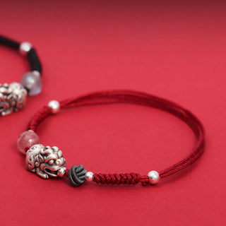 Buddha Gift 999 Sterling Silver PiXiu Strawberry Quartz Bead Wealth Luck Braided Bracelet