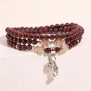Buddha Gift Natural Garnet Strawberry Quartz Green Beans PiXiu Protection Triple Wrap Bracelet
