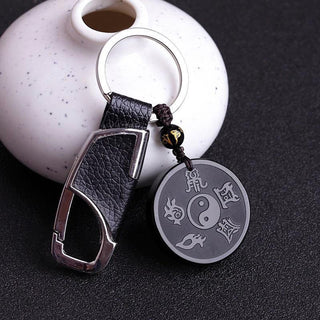 Buddha Gift Natural Black Obsidian Taoism Five Sacred Mountains Nine-Character Mantra Carved Strength Yin Yang Necklace Pendant Key Chain