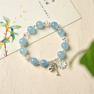Buddha Gift 925 Sterling Silver Natural Aquamarine Serenity Flower Love Key Charm Bracelet