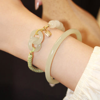 Buddha Gift Natural Hetian Jade Bead Double Peace Buckle Fu Character Abundance Braided Bracelet