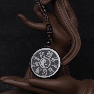 Buddha Gift Black Obsidian Taoism Five Sacred Mountains Nine-Character Mantra Carved Purification Yin Yang Necklace Pendant