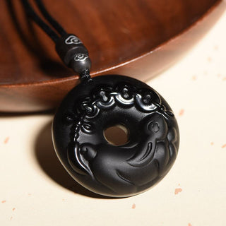 Buddha Gift Chinese Zodiac Natural Black Obsidian Peace Buckle Strength Necklace Pendant