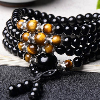 Buddha Gift 108 Beads Natural Black Obsidian Tiger Eye Mala Bracelet