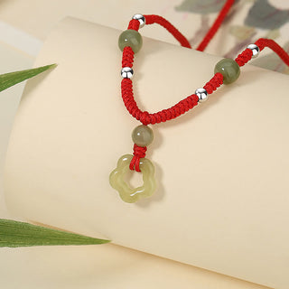 Buddha Gift 925 Sterling Silver Natural Hetian Cyan Jade Flower Pentagram Luck Red Rope Necklace Pendant Bracelet Set