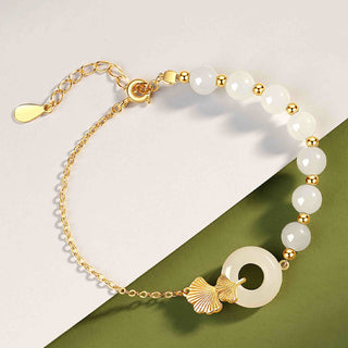Buddha Gift 925 Sterling Silver Hetian White Jade Peace Buckle Ginkgo Leaf Luck Bracelet