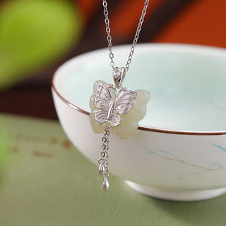 Buddha Gift 925 Sterling Silver Plated Gold Hetian White Jade Butterfly Blessing Necklace Pendant