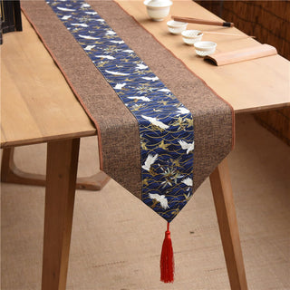 Buddha Gift Classic Chinese Style Lotus Koi Fish Flower Crane Calligraphy Enlightenment Cotton Linen Tassels Table Runner