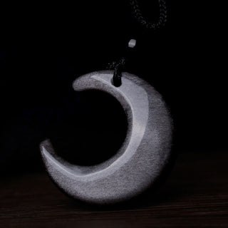 Buddha Gift Natural Silver Sheen Obsidian Selenite Crystal Crescent Moon Yin Yang Couple Protection Necklace Pendant