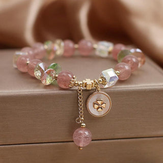 Buddha Gift Strawberry Quartz Lucky Four Leaf Clover Healing Charm Bracelet