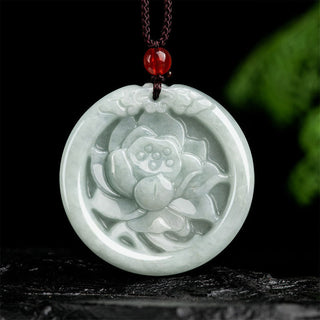 Buddha Gift Natural Jade Lotus Flower Carved Prosperity Necklace Pendant