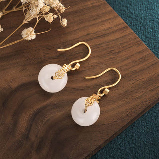 Buddha Gift White Jade Double Happiness Fortune Earrings