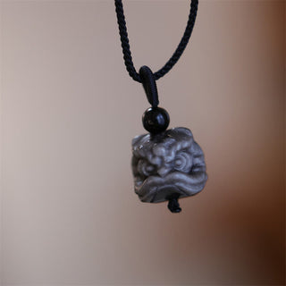 Buddha Gift Natural Silver Sheen Obsidian Dancing Lion Protection Necklace Pendant
