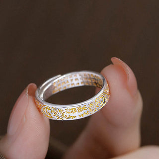 Buddha Gift Peace and Joy Tang Dynasty Flower Design Lotus Heart Sutra Carved Copper Luck Adjustable Ring